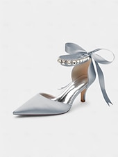 cheap Semi-Formal-Blue Satin Pointed-Kitten Heels with Rhinestone Ankle Strap and Bow Tie - Elegant Wedding or Evening Shoes