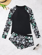 billiga Tankinis-Dam Badkläder Tankini 2 st Pojkeben Baddräkt Öppen rygg Hög midja Semester Standkläder Blommig Rund hals Långärmad Baddräkter