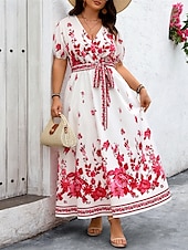 abordables Robes fleuries élégantes-Femme robe longue Robe casual Robe Trapèze Robe d&#039;été robe boheme Elégant Hawaïen mode Vacances du quotidien Rendez-vous Standard Floral Manche Courte Col V Blanche Eté