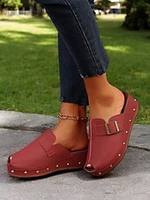 olcso Kényelmes szandálok-női peep-toe wedge öszvérek csatos pántokkal és szegecses díszítéssel – kényelmes felbújós szandál hétköznapi viselethez és nyári kirándulásokhoz