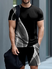 economico Set di magliette stampate da uomo-Per uomo Geometrico 2 pezzi Set di magliette Set abbinati Manica Corta Pantaloni corti Girocollo Canotta sportiva Casual All&#039;aperto Vacanza Quotidiano Coulisse Girocollo Stampa Estate Nero