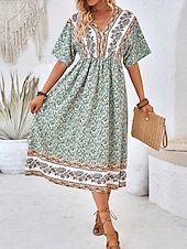 abordables Robes Bohémiennes-Femme robe longue Robe Trapèze Robe d&#039;été robe boheme Elégant Hawaïen mode Vacances du quotidien Rendez-vous Standard Floral Manche Courte Col V Vert Eté