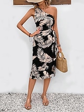 cheap Vacation Dresses-Women&#039;s Midi Dress Casual Dress Bodycon Stylish Casual Vacation Daily Regular Fit Leaf Sleeveless One Shoulder Black Summer