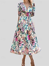 billiga Eleganta blommiga klänningar-Dam Långklänning Maxiklänning Vardagsklänning A linjeklänning Blommig klänning Sommarklänning Elegant Stylish Semester Dagligen Datum Normal Blommig Kortärmad V-hals Svart Rodnande Rosa Blå Grön