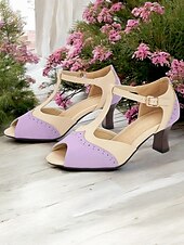 cheap 1930s-Women&#039;s Vintage Colorblock T-Strap Peep-Toe Heels – Elegant Mid Heel Sandals with Buckle Closure for Office, Casual &amp; Formal Occasions