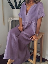 cheap Design Cotton &amp; Linen Dresses-Women&#039;s Maxi Dress Cotton Linen Dresses Casual Dress Basic Casual Vacation Daily Regular Fit Plain Short Sleeve V Neck Black White Purple Light Blue Summer