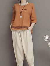 preiswerte Hemden-Damen Hemd Bluse Baumwoll-Leinen-Hemden Geometrisch Basic Lässig Dreiviertelarm Rundhalsausschnitt Normale Oberteile Täglich Patchwork Weiß Braun Grün Sommer Frühling