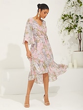 preiswerte Kleider für die Ferien-Damen kleid lang Chiffon-Kleid Elegant Stilvoll Flattrige Ärmel Hochzeit Urlaub Täglich Lockere Passform Blumen 3/4 Ärmel V Ausschnitt Rosa Sommer Frühling Herbst