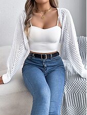 preiswerte Strickjacken und Oberbekleidung-Damen Strickjacke Pullover mit Zopfmuster Strassenmode Täglich Stilvoll Einfarbig Grobstricken Gehäkelt Öffnung vorne Ausgehöhlt Strick Raglanärmel Laternenärmel Langarm Crop Tops Stricken Heim Party