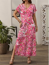 cheap Floral Dress-Women&#039;s Maxi Dress Casual Dress Sundress Shift Dress Stylish Casual Drop Shoulder Vacation Daily Regular Fit Floral Short Sleeve V Neck Pink Spring Fall