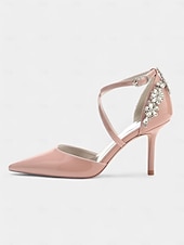 cheap Formal-Glamorous Burgundy Wedding Heels for Women - Patent Leather Stilettos with Rhinestone Floral Embellishments, Perfect for Bridal and Formal Occasions