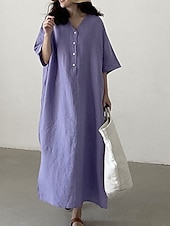preiswerte Kleider-Damen Langes Kleid Maxikleid Leinen-inspirierte Kleider Freizeitkleid Stilvoll Ethnisch Lässig Urlaub Täglich Date Normale Passform Einfach Halbarm V Ausschnitt Purpur Sommer Frühling