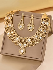 economico Collana da donna-set di collana e orecchini in cristallo dorato da donna – eleganti gioielli con strass per matrimoni, feste e occasioni speciali
