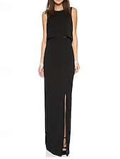 abordables NOIR-Robe de soirée deux pièces sirène  trompette élégante soirée gala cravate noire longueur complète sans manches col ras du cou mélange de coton sans dos avec fente et frange