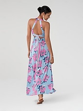 preiswerte Elegante Blumenkleider-Damen Neckholder-Kleid Kleid drucken Maxidress Gelb Blau Ärmellos Blumen / Pflanzen Rückenfrei Elastische Taille Print Sommer Halfterhals Urlaub XS S M