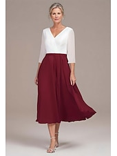 preiswerte Teelänge-Kleid für die Mutter der Braut, Strandhochzeit, A-Linien-Kleid mit Falten, elegant, schlicht, V-Ausschnitt, wadenlang, Chiffon, 3/4-Ärmel, mit Spitze, einfarbig, 2025
