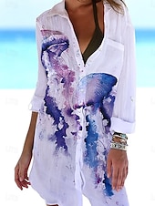 billiga Hawaiianska klänning-Kvinnors Mini Klänning Skjortklänning Täcka Upp Strandmode Mini Klänning Pockettryck Mode Avslappnat Fisk Vikbar 3/4 Längd Ärmar Lång Passform Utomhus Daglig Vit Blå 2023 Sommar Vår S M L XL
