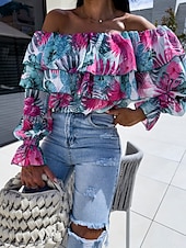 economico Top Grafici da Donna-Per donna Camicia Blusa Floreale A foglia Moda Informale Manica lunga Senza spalline Top regolari Giornaliero Con balze Stampa Giallo Rosa Viola Verde Estate Primavera