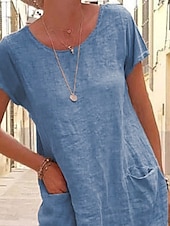 cheap Design Cotton &amp; Linen Dresses-Women&#039;s Mini Dress Cotton Linen Dresses Casual Dress T Shirt Dress Tee Dress Basic Casual Vacation Daily Regular Fit Plain Short Sleeve Crew Neck Black Blue Khaki Gray Summer