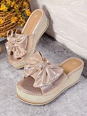 Недорогие Женские сандалии-босоножки на танкетке с золотистым металлическим бантом для женщин - гламурные босоножки на платформе для повседневных летних прогулок