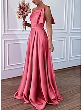 baratos Vestidos para Madrinhas-Linha A Vestido de Madrinha Assimétrico Sem Manga Elegante Longo Cetim com Laço(s) 2022