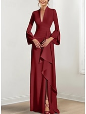 abordables violet-robe de soirée sirène / trompette robe élégante robe formelle de mariage invité balayage / pinceau train manches longues col en V crêpe extensible avec plis bretelles froncées 2025
