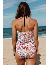 abordables Tankinis-Maillots de bain pour femmes Tankini 2 pièces Maillot de bain échancré Dos nu Vacances Plage Imprimé floral Halter Col Sans manches