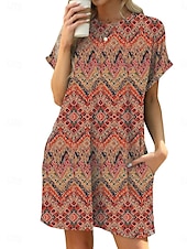 levne Boho šaty-Dámské Mini šaty Volnočasové šaty Tričkové šaty Boho šaty stylové Na běžné nošení Dovolená Denní Běžný Květinový S lístky Krátký rukáv Tričkový Vodní modrá Hnědá Trávová zelená Léto