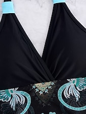 billiga Badessor-Kvinnors badkläder simklänningar 2-delad Cheeky Tankini baddräkt utan rygg hög midja smal semester strandkläder grafisk halter-hals ärmlösa baddräkter