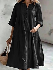cheap Design Cotton &amp; Linen Dresses-Women&#039;s Midi Dress Cotton Linen Dresses Basic Casual Vacation Daily Regular Fit Plain 3/4 Length Sleeve Notched Neck Black Red Purple Light Blue Summer