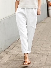 economico Pantaloni in lino e cotone semplici-Per donna Pantaloni in cotone e lino Chinos Moda Streetwear Lunghezza intera Vita Alta Semplice Tasca Fascia Elastica Comodo Morbido Confortevole Micro-elastico All&#039;aperto Streetwear Bianco Rosso