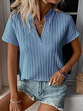abordables Hauts de Travail pour Femmes-Femme T shirt Plein basique Décontractées Manche Courte Col cranté Hauts réguliers du quotidien Fin de semaine Blanche Bleu Eté