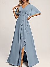 preiswerte Brautjungfernkleider-A-Linien Brautjungfernkleid V-Ausschnitt Kurzarm Elegant Bodenlänglich Chiffon mit Rüschen  Geteilter Front  Raffung