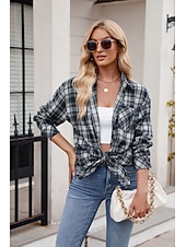 cheap Women&#039;s Graphic Tops-Women&#039;s Shirt Boho Shirt Dressy Tops Plaid Casual Boho Long Sleeve Bishop Sleeve V Neck Long Tops Work Daily Going out Pink Dusty Blue Purple Khaki Dark Gray Spring Fall