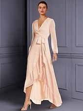 ieftine Lungimea podelei-Rochie tip A-line pentru mama miresei Invitat la nuntă Elegant Înalt-Scurt Gât în V Asimetric Lungime de ceai Chiffon Mâneci lungi cu pliuri Fisură frontală 2025 mărime personalizată gratuit