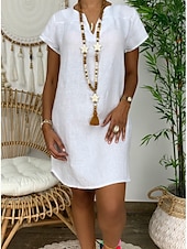 abordables concevoir des robes en coton et lin-Femmes Mini Robe Robes en coton et lin Robe Décontractée Basique Occasionnel Vacances Quotidien Coupe régulière Uni Manche Courte Encolure en V Noir Blanche Jaune Vert Véronèse Été