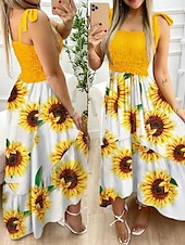 abordables Robes fleuries décontractées-Femme robe longue Robe Trapèze Robe à fleurs Robe d&#039;été Robe caraco Elégant mode Vacances du quotidien Rendez-vous Standard Floral Sans Manches Col Carré Jaune Rose Claire Rouge Bleu de minuit Eté