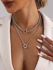 voordelige Dames ketting-gelaagde zilveren ketting met cirkel- en staafhanger, minimalistische statement sieraden voor vrouwen, perfect voor feestjes, dates en dagelijks gebruik
