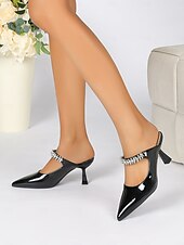 cheap Kitten Heels-Women&#039;s Rhinestone Embellished Pointed-Toe Slip-On Heeled Mules – Elegant Party and Formal Shoes for Evening Events and Weddings