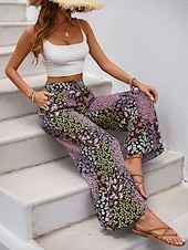 baratos perna larga e cintura alta-Mulheres Perna larga chinês Moda Roupa de rua Comprimento total Cintura Alta Leopardo Bolsos Cintura elástica Estampado Confortável Macio Micro-Elástica Ao ar livre Rua Preto Verão Primavera Normal