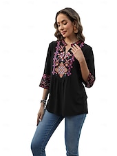 billige Boho topper-Dame Boho skjorte Elegant Bohem Daglig Helfarge Blomstret Vanlige topper 3/4 ermer 3/4-ermer V-hals Broderi Løstsittende Arbeid Daglig Ut på byen Svart Grønn Sommer