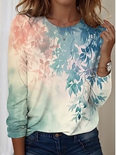 economico T-shirt floreale-Maglietta da donna con collo a giro lungo maniche tunica floreale casual tops regolari quotidiani stampa verde primavera autunno