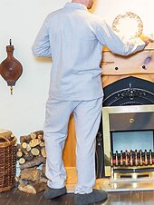 billige Pyjamas-Herre lounge Nattøy Pyjamas Sett Pyjamas topp og bukse 2 deler Ruter Stripe Stilfull Fritid Komfort Hjem Daglig Bomull Komfort Knaphul Langermet Skjorte Bukse Snorer Elastisk midje Vår Høst Hvit Gul