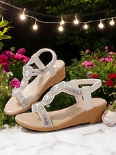baratos Sandálias plataforma anabela-sandálias femininas de cunha com strass e pérolas falsas, com design de tira em T, sola confortável e estilo casual de verão para uso ao ar livre e em festas