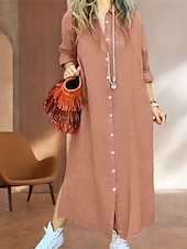 cheap Dresses-Women&#039;s Long Dress Maxi Dress Linen-Inspired Dresses Shirt Dress Casual Dress Cotton Linen Dress Stylish Casual Vacation Daily Date Regular Fit Plain Long Sleeve Lapel Pink Navy Blue Brown Summer