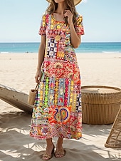 preiswerte Boho Kleider-Damen Maxi Kleid Lässiges Kleid Sommerkleid Shift Kleid Lässig Alltag Lockere Passform Florales Kurzarm Rundhalsausschnitt Orange Sommer