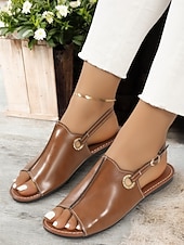 preiswerte Flache Sandalen-braune offene Sandalen aus Kunstleder für Damen – lässige Slingback-Flats mit Strass-Schnalle für den Sommer &amp; den Alltag