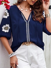 preiswerte Damen Urlaub Oberteile-Damen Hemd Bluse Blumen Stilvoll Brautkleider schlicht Kurzarm V Ausschnitt Normale Oberteile Täglich mit Schnürung Bestickt Weiß Marineblau Sommer Frühling