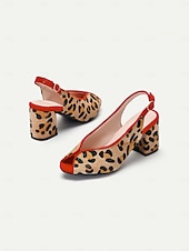 baratos sapatos slingback-Sapatos femininos de salto alto peep-toe com estampa de leopardo e acabamento vermelho e salto bloco para festas de estilo retrô e uso noturno