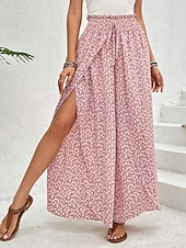 billiga breda ben och hög midja-Kvinnors vida chinos baggy byxor semester mode full längd hög midja blommig elastisk midja tryck komfort utomhus mikro-elastisk semester gata avslappnad svart vit rosa khaki sommar vår